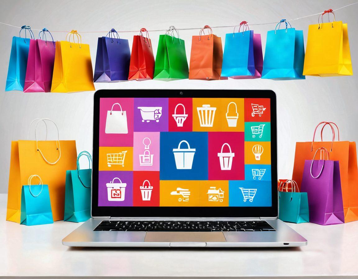A sleek laptop surrounded by colorful shopping bags and digital price tags, showcasing various products in comparison on the screen. The background features a bright and inviting online storefront, with elements of e-commerce like shopping carts and discount icons. A light bulb above symbolizes expert tips and ideas. modern, vibrant colors, and a clean, professional layout.