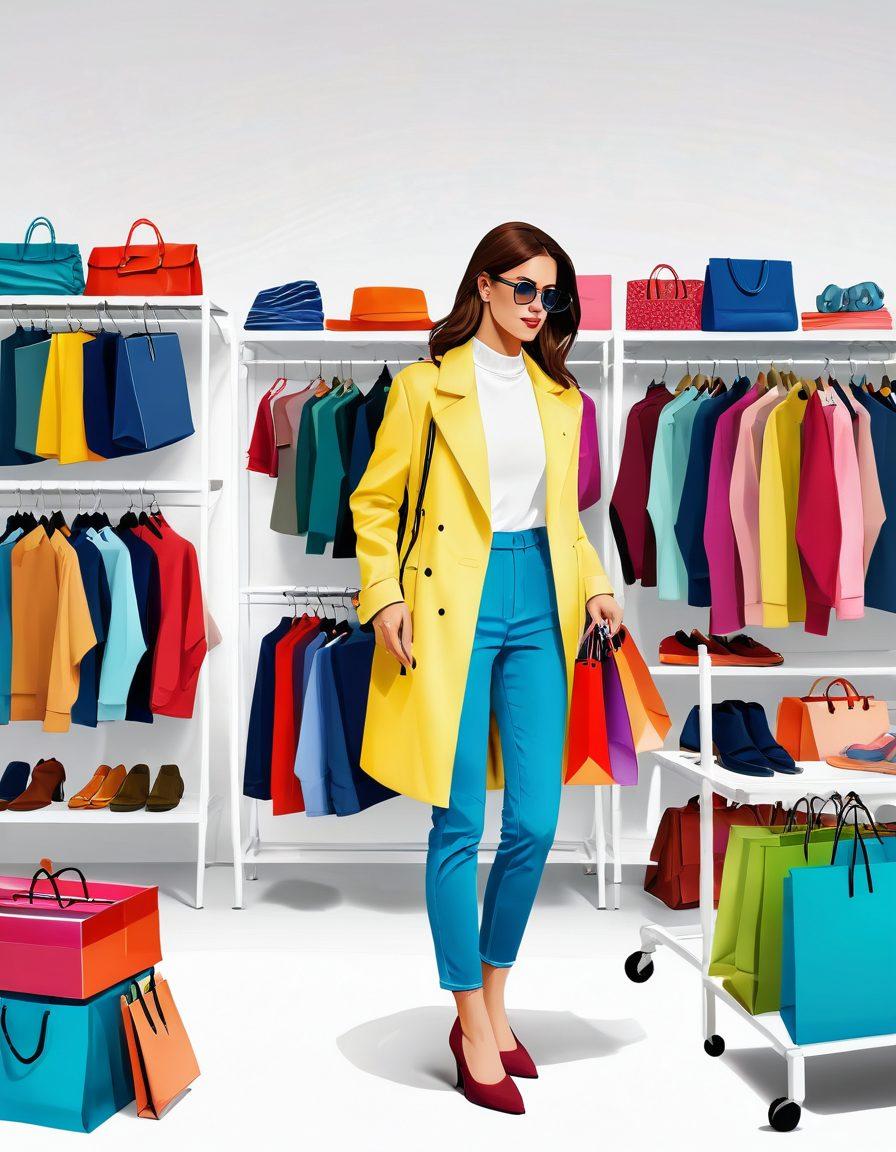A stylish person carrying multiple shopping bags filled with trendy clothes and accessories, surrounded by vibrant clothing racks showcasing various styles, with a notebook and a smartphone displaying reviews on a nearby table. Bright and inviting atmosphere with soft natural lighting, emphasizing a sense of inspiration and choice. vector art. vibrant colors. white background.