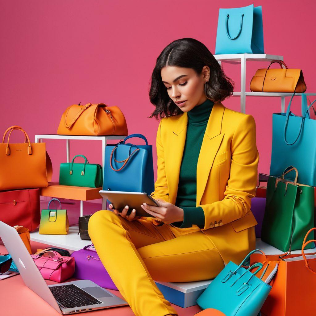 A stylish online shopping scene showcasing a diverse group of people browsing fashion items on their laptops and smartphones. Include vibrant clothing styles, trendy accessories, and a digital interface displaying e-commerce solutions. Use elements like shopping carts and trendy bags to evoke excitement about fashion trends. Set in a bright, modern environment with lively colors and dynamic visuals. super-realistic. vibrant colors. 3D.